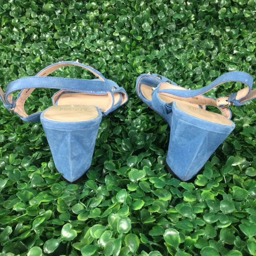 Stuart‎ Weitzman Blue Suede Studded Wedge Sandals womens 8.5